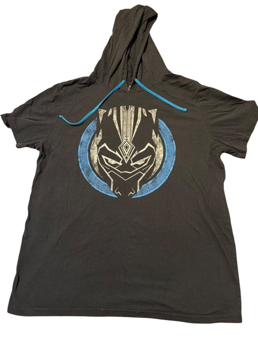 Marvel Black Panther Graphic Hooded T Shirt Black Blue Hoodie Short Sleeves 2XL